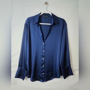 Zara Deep Blue Long Sleeve Blouse Size Medium